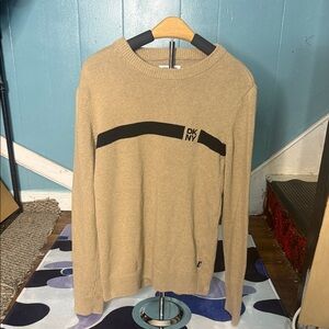 DKNY Beige Crewneck Sweater with Black Stripe